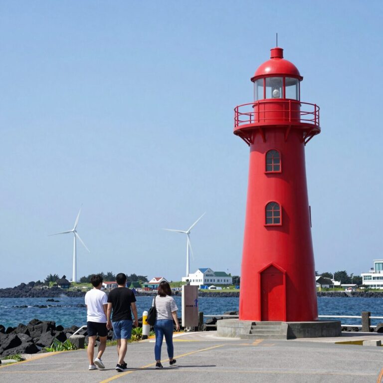8월 제주도 세기알해변 빨간 등대와 풍력발전기 풍경