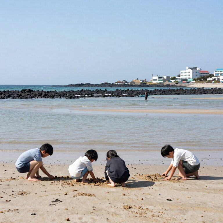 제주 협재해수욕장 간조 때 얕은 바닷물과 아이들이 모래놀이하는 모습