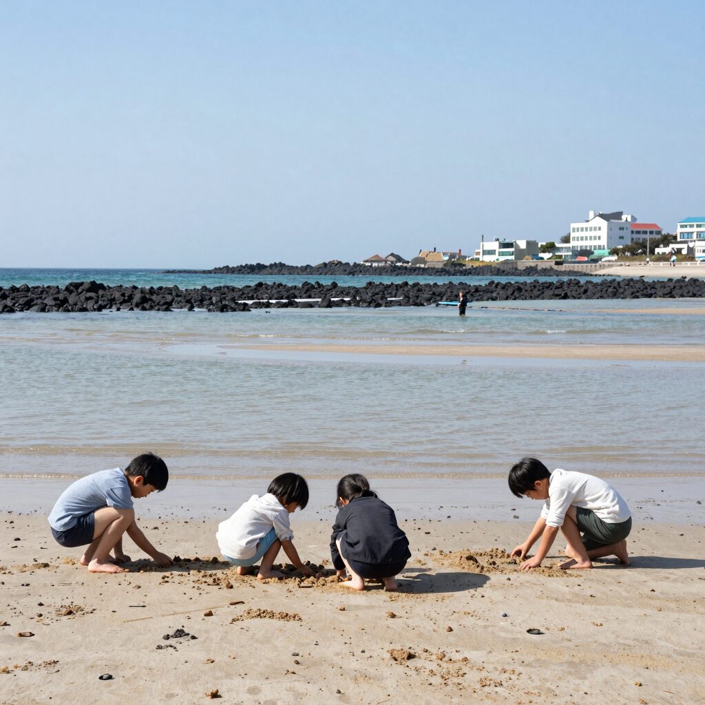 제주 협재해수욕장 간조 때 얕은 바닷물과 아이들이 모래놀이하는 모습