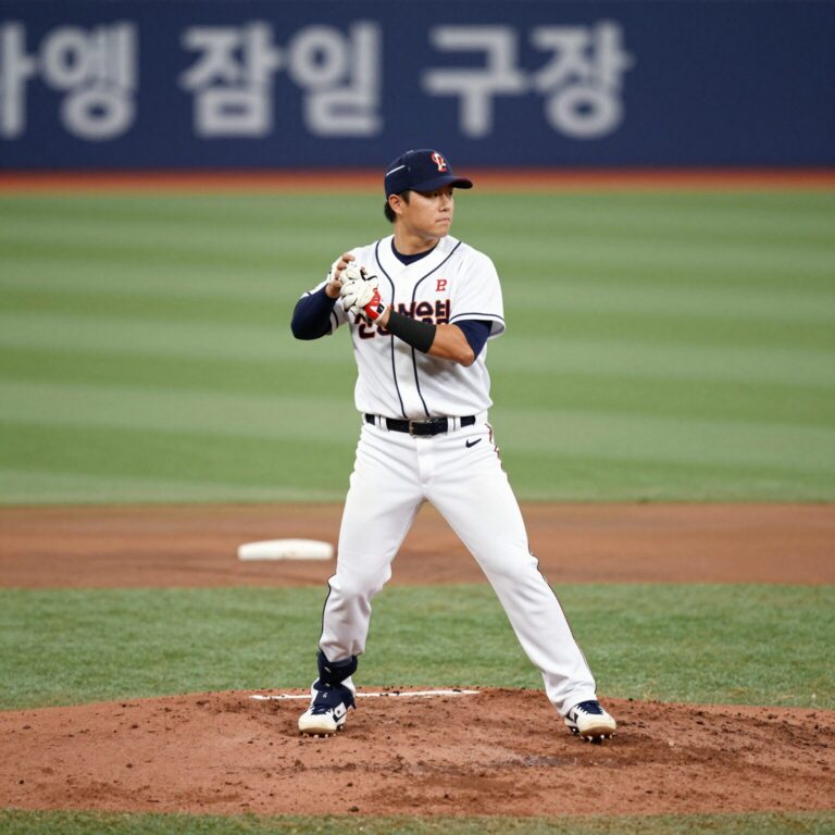 젠슨황이 한국 프로야구 잠실구장 마운드에 서서 시구하는 모습 상상도