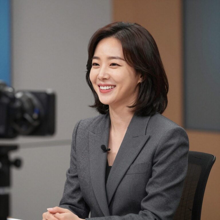 정재경 기상캐스터가 방송 스튜디오에서 환하게 웃으며 서 있는 모습. 단정한 헤어스타일과 세련된 블레이저 차림으로 전문적인 이미지를 보여준다.