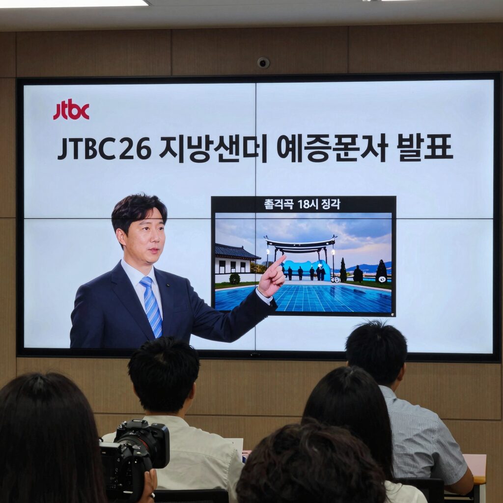 JTBC 2026 지방선거 예측조사 발표 화면, 출구조사 발표시간 18시 정각 강조