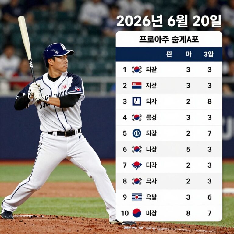 2026년 6월 20일 프로야구 순위표와 3강 팀 로고가 함께 표시된 인포그래픽