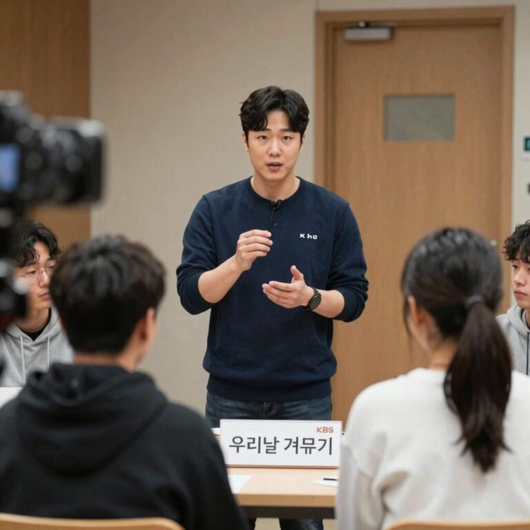 KBS 우리말 겨루기 아나운서가 출연자 앞에서 표준 발음을 설명하는 모습