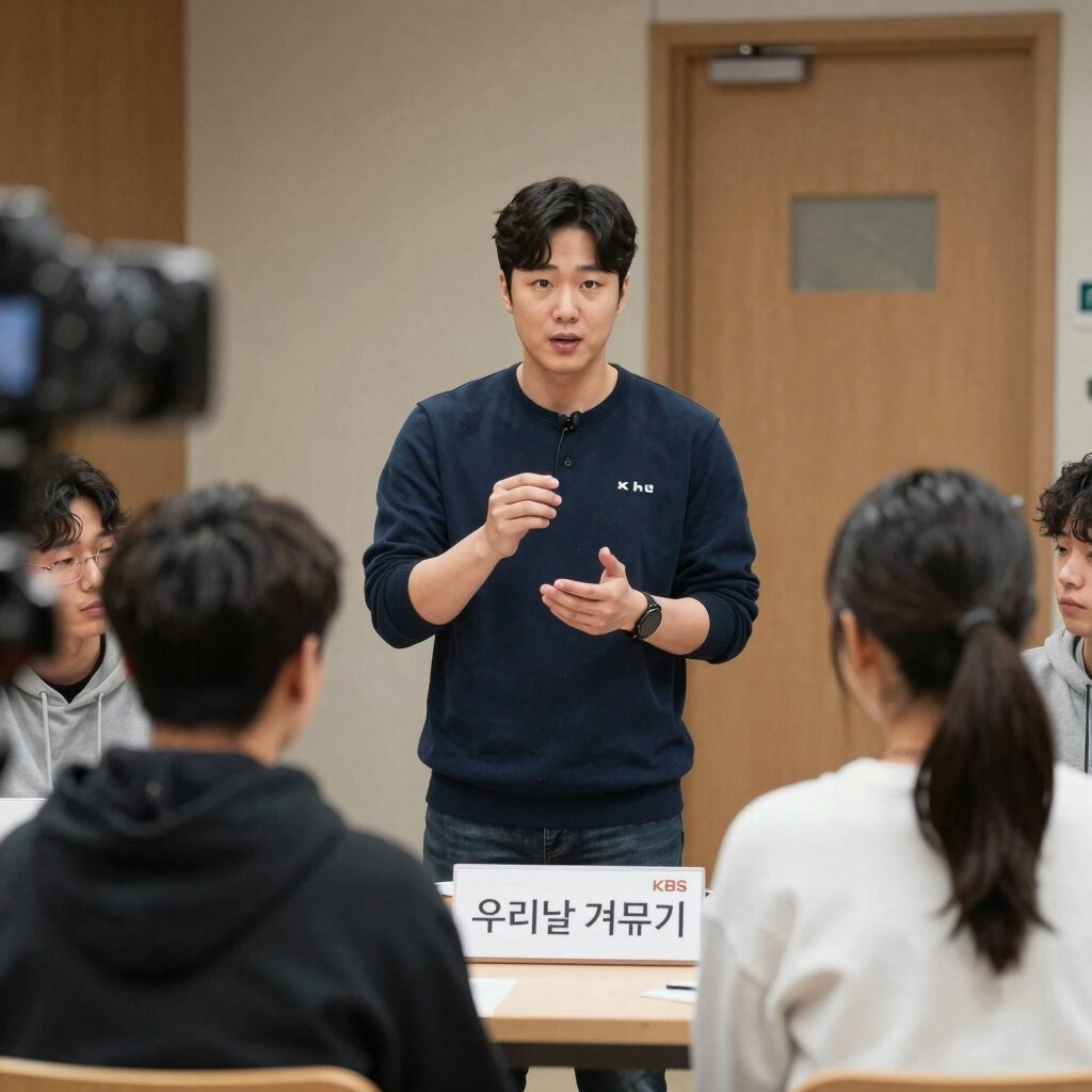 KBS 우리말 겨루기 아나운서가 출연자 앞에서 표준 발음을 설명하는 모습