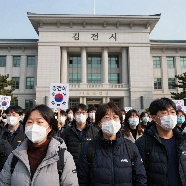 김건희 1심 판결에 항의하는 시민들 모습과 법원 건물