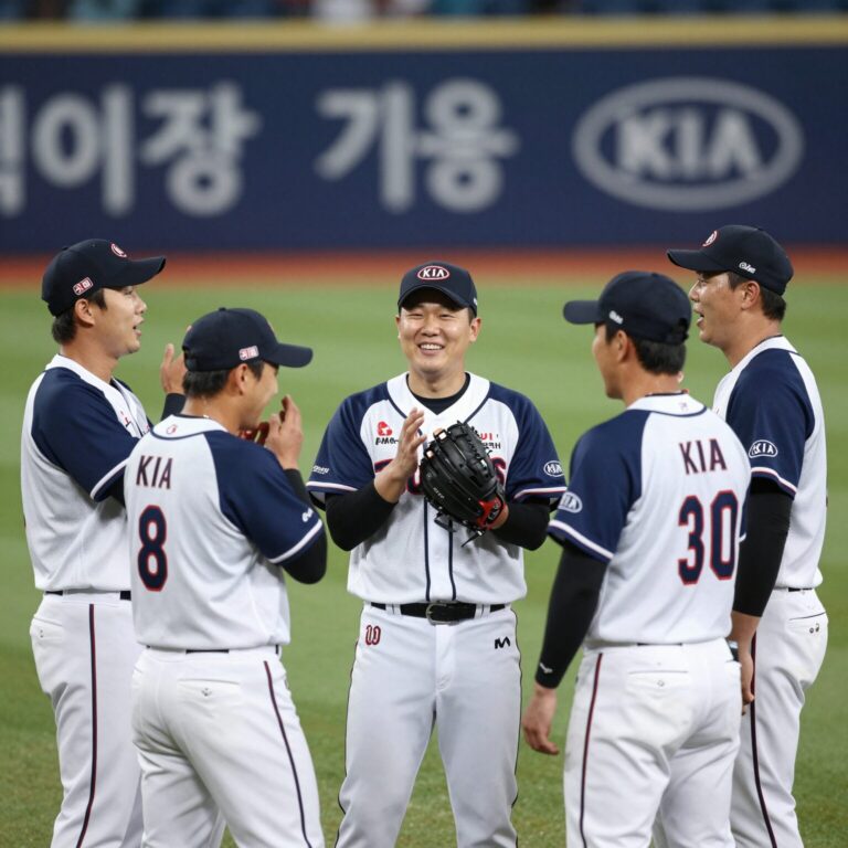 KIA 타이거즈 선수들이 키움 히어로즈와의 경기에서 완승 후 기뻐하는 모습