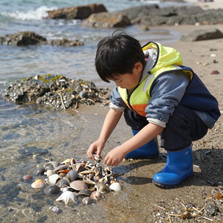 아이가 가슴장화를 입고 바닷가에서 조개를 줍고 있는 모습