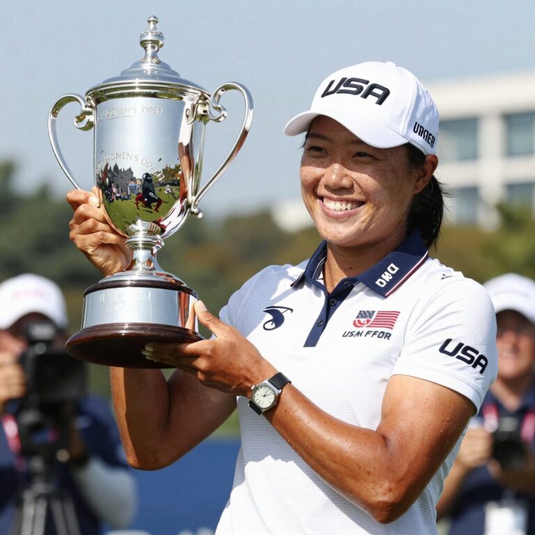 김아림 프로가 US Women's Open 트로피를 들어 올리며 웃고 있는 모습