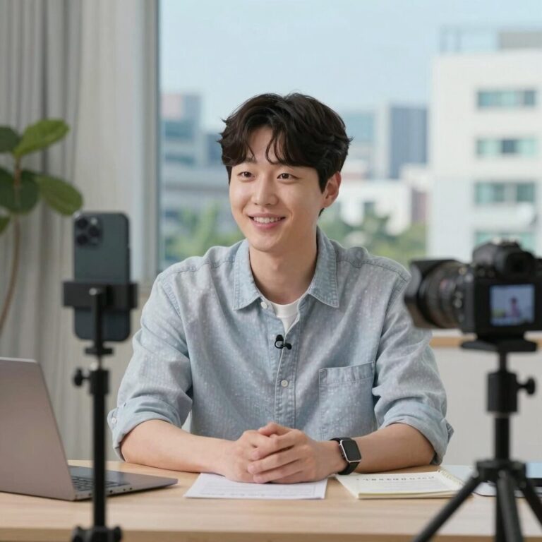 김동현이 유튜브 라이브 방송을 진행하는 모습, 친근한 표정으로 카메라를 바라보며 시청자와 소통하고 있다.