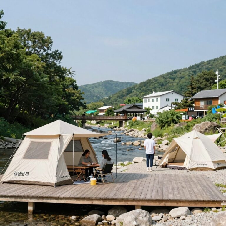 김삿갓계곡캠핑장의 맑은 계곡과 데크 사이트 전경
