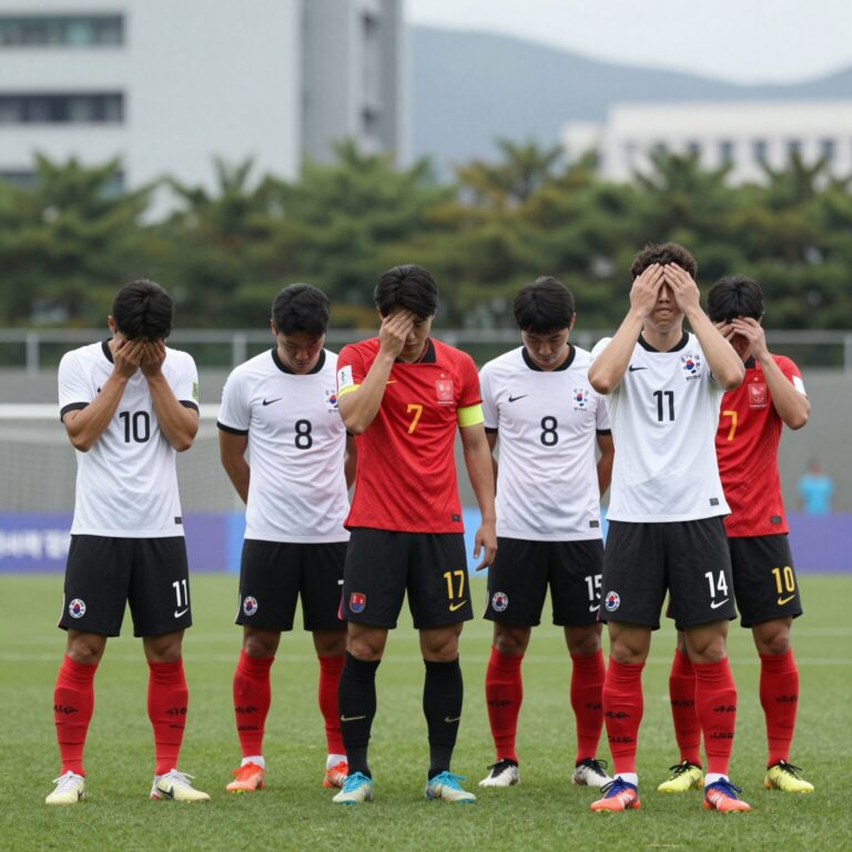 한국 축구대표팀이 남아공과의 경기에서 아쉬워하는 장면