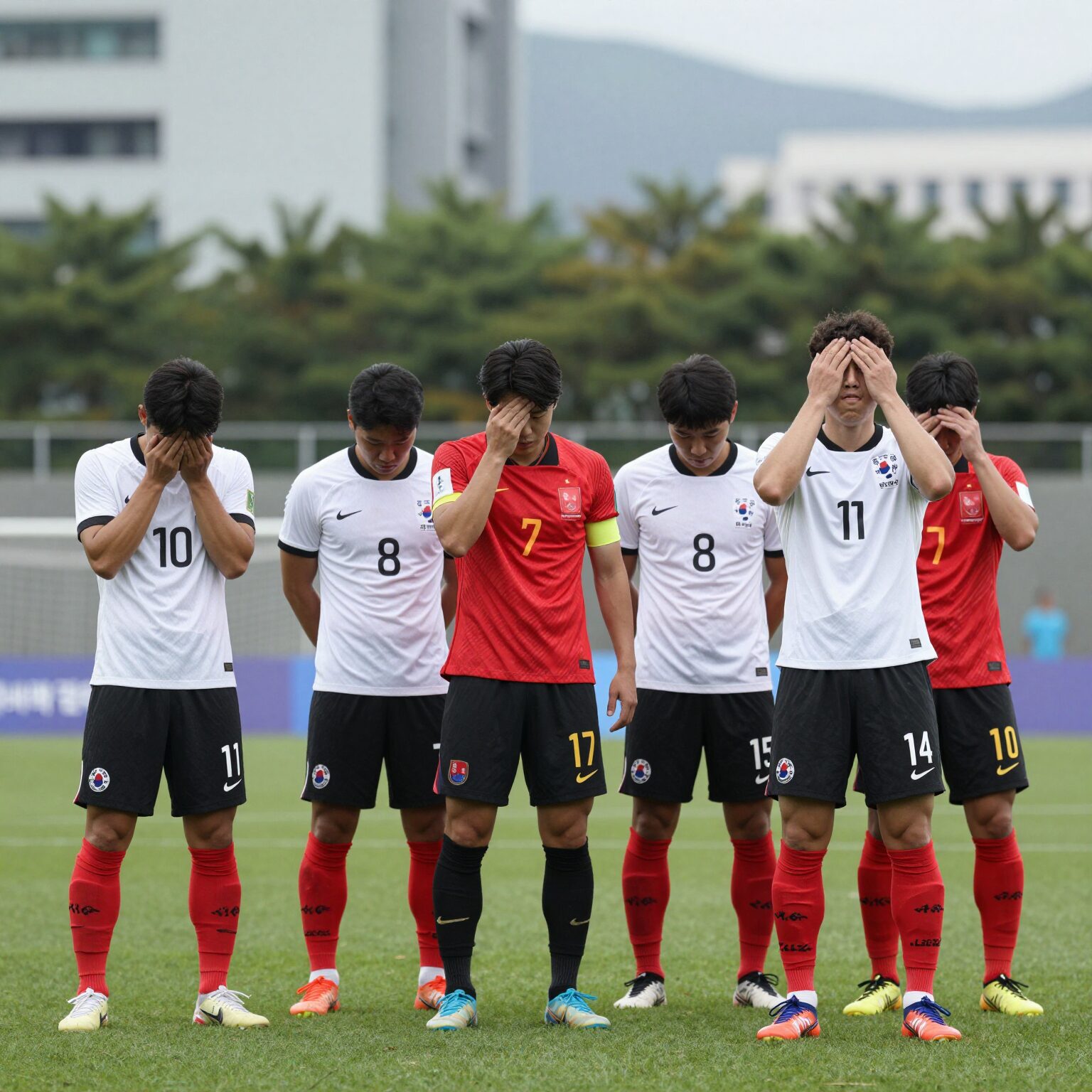 한국 축구대표팀이 남아공과의 경기에서 아쉬워하는 장면