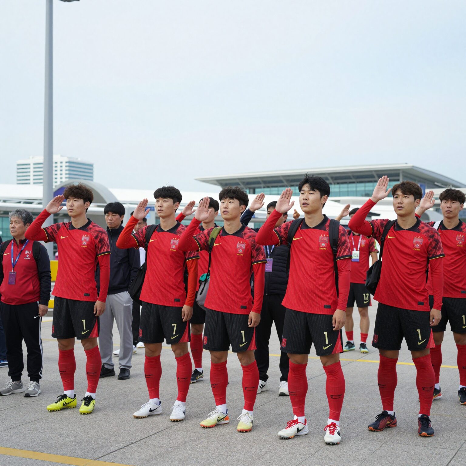 2026 월드컵 귀국하는 한국 축구 대표팀 선수들이 공항 도착장에서 팬들에게 인사하는 모습
