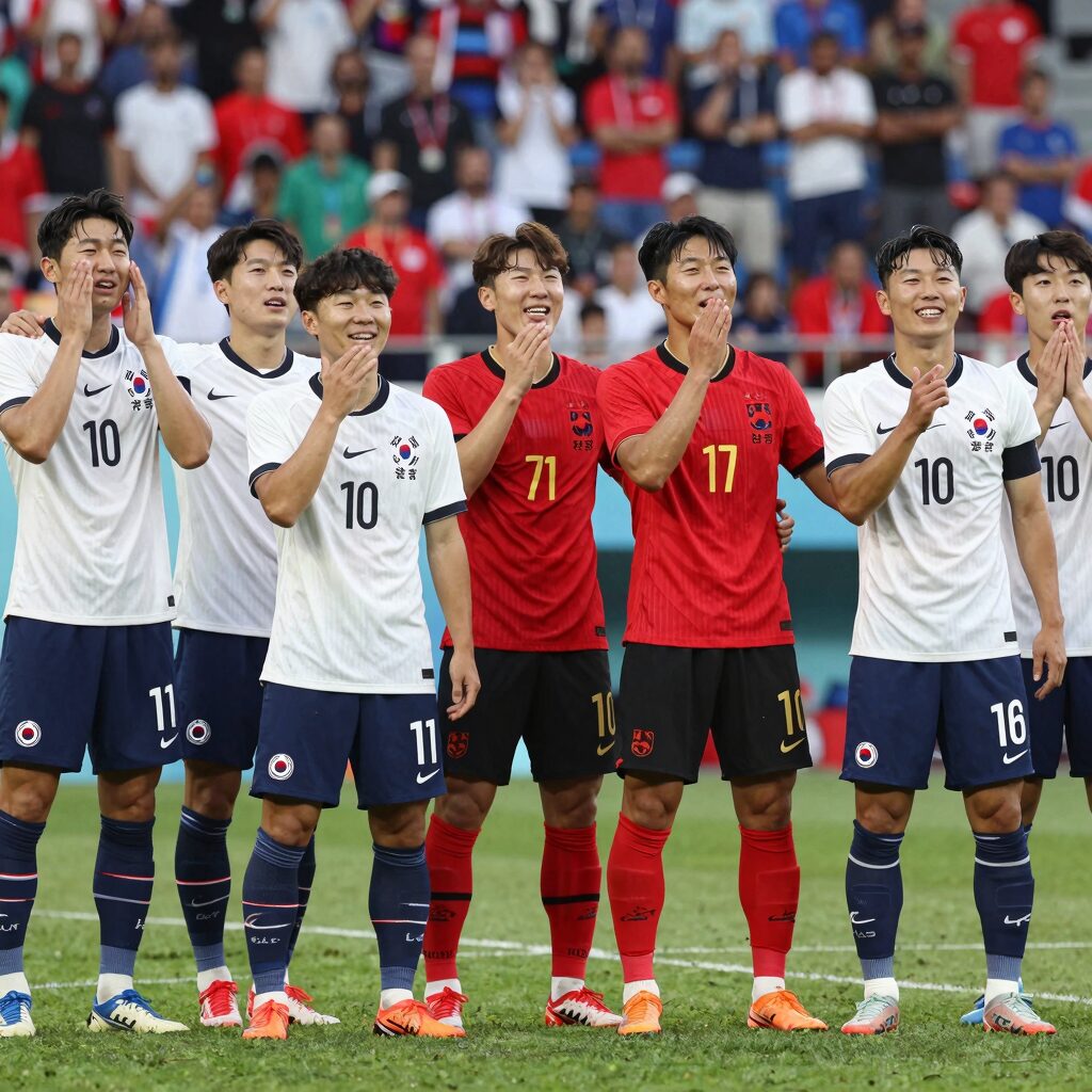 대한민국 축구 대표팀이 체코를 상대로 2대1 역전승을 거둔 후 선수들이 함께 기뻐하는 모습
