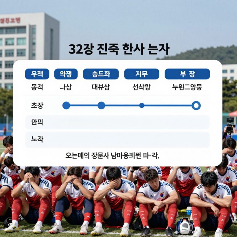 한국 대표팀 선수들이 남아공전 패배 후 아쉬워하는 모습과 32강 진출 경우의 수 분석 도표