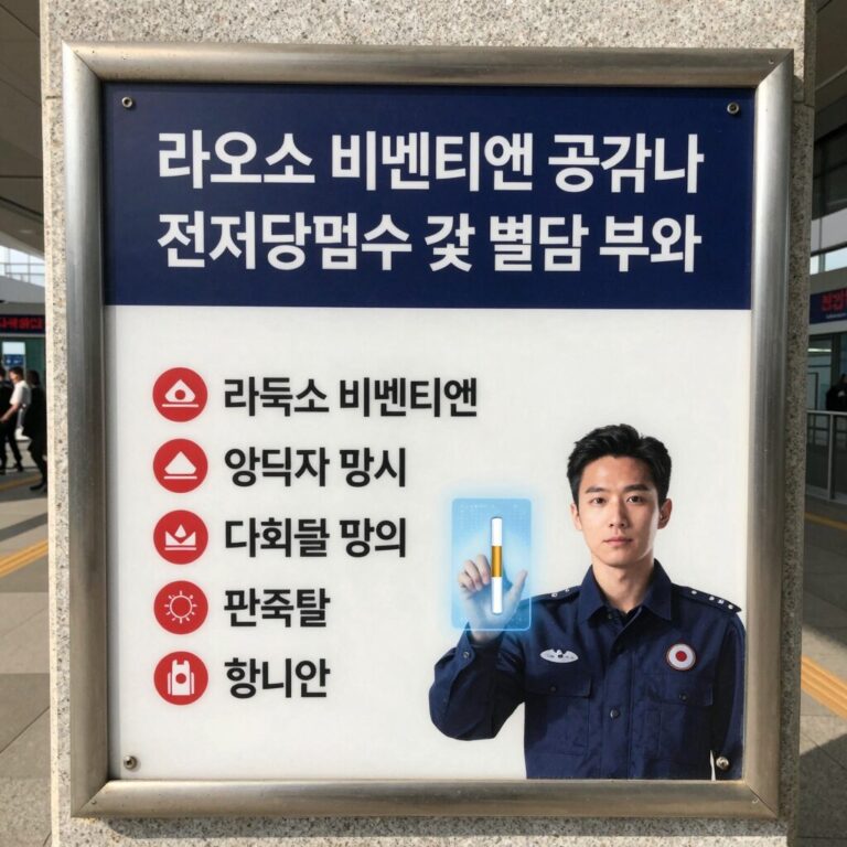 라오스 비엔티엔 공항에서 전자담배 압수 및 벌금 부과 안내 표지판
