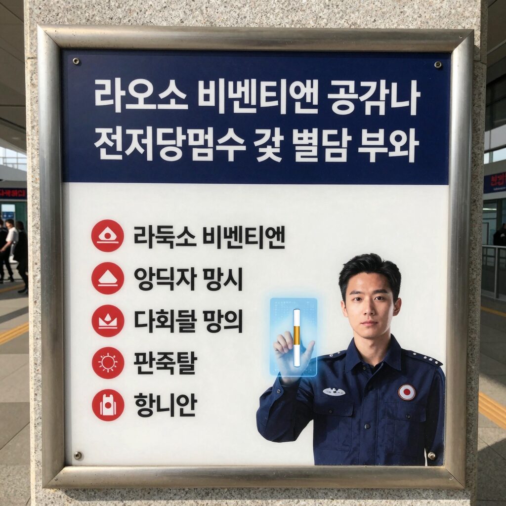 라오스 비엔티엔 공항에서 전자담배 압수 및 벌금 부과 안내 표지판