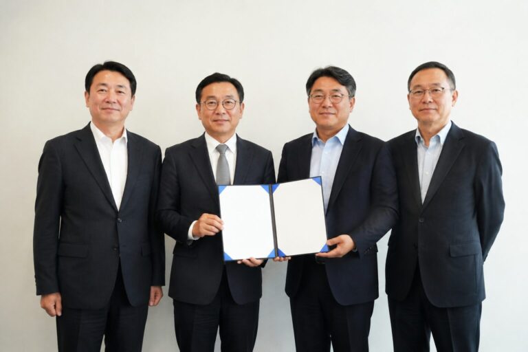 전남대학교 이근배 총장과 앰코코리아 관계자가 반도체 산학협력 협약식에서 기념 촬영하는 모습