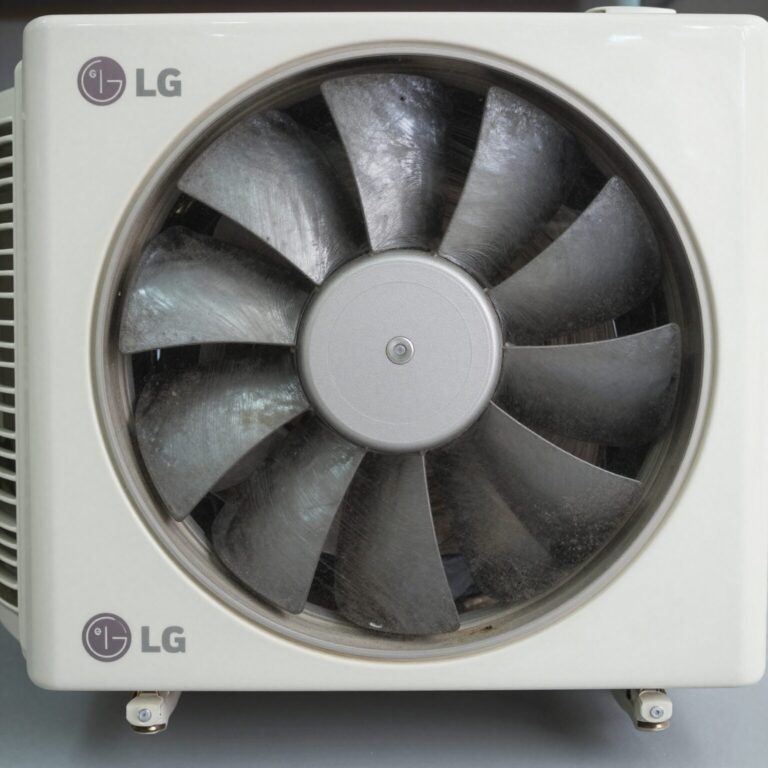LG 휘센 에어컨 내부 송풍팬에 먼지가 쌓인 모습