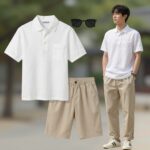 여름 리넨 셔츠를 활용한 데일리룩 코디 예시, 폴로 화이트 리넨 셔츠와 베이지 슬랙스 매치