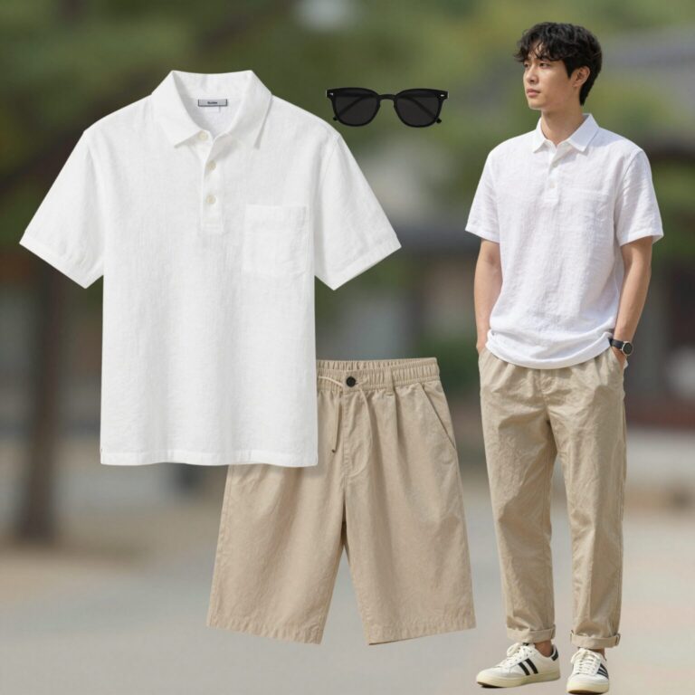 여름 리넨 셔츠를 활용한 데일리룩 코디 예시, 폴로 화이트 리넨 셔츠와 베이지 슬랙스 매치