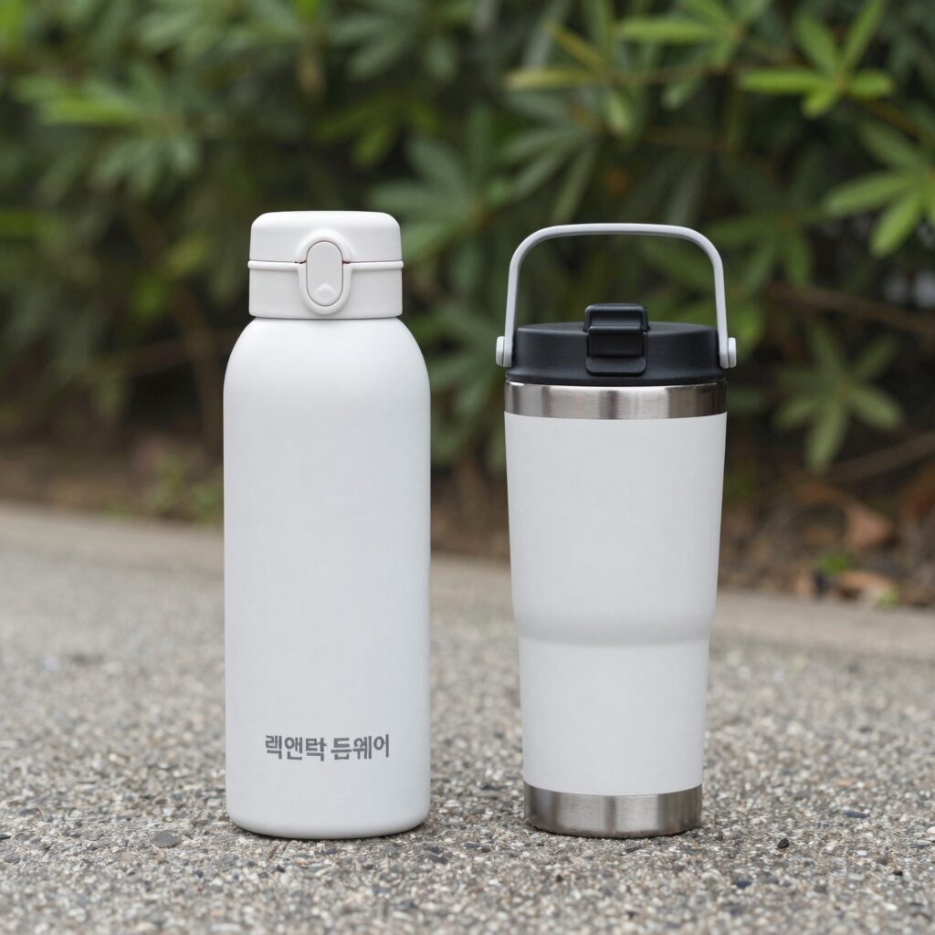 락앤락 보냉병 355ml 메트로 투웨이와 500ml 슬로 핸들 텀블러를 나란히 놓고 촬영한 사진