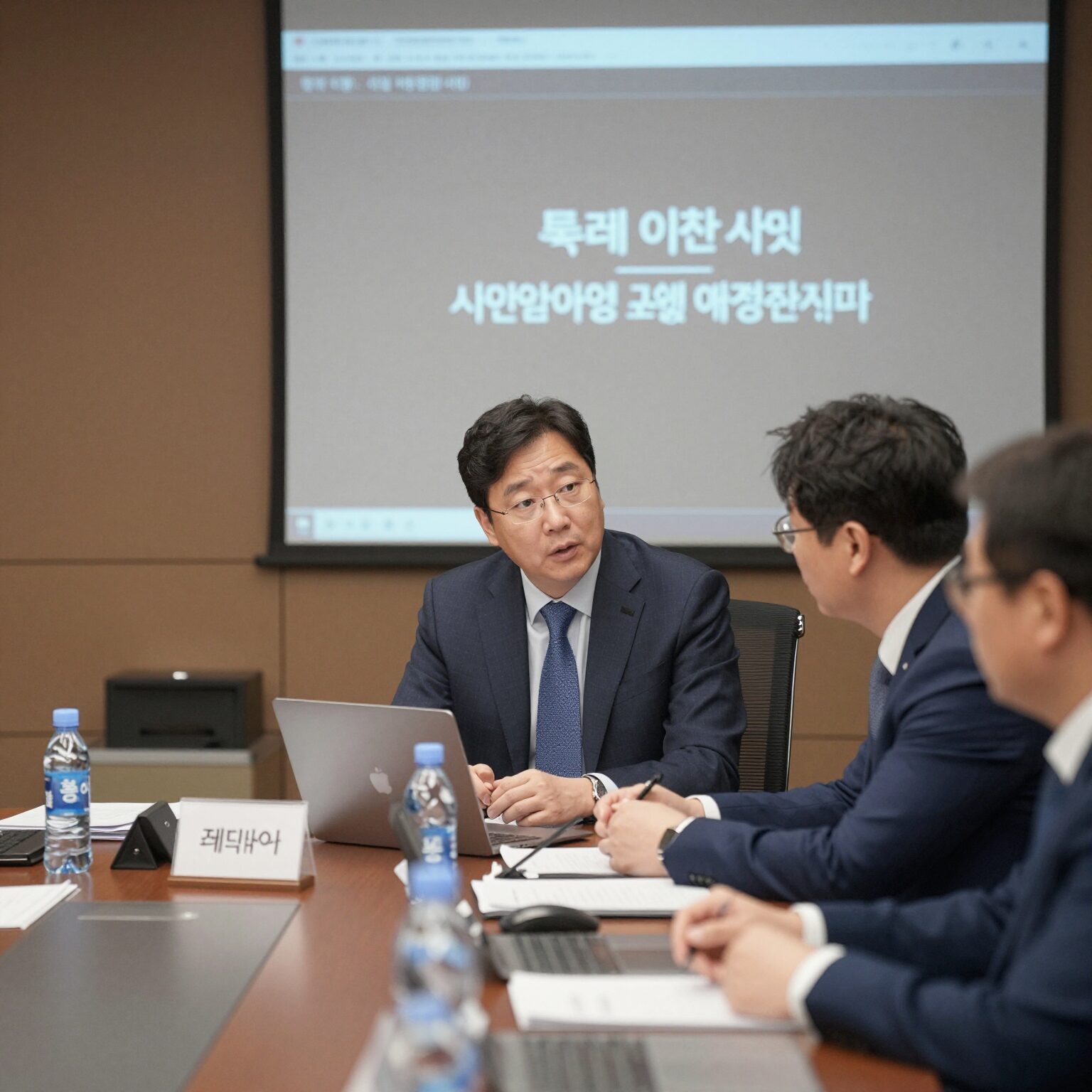 롯데 이진하 사장이 회의실에서 임원들과 사업 전략을 논의하는 모습
