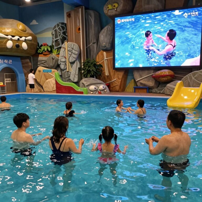 롯데워터파크 김해 실내 유수풀에서 가족들이 여유롭게 물에 떠 있는 모습