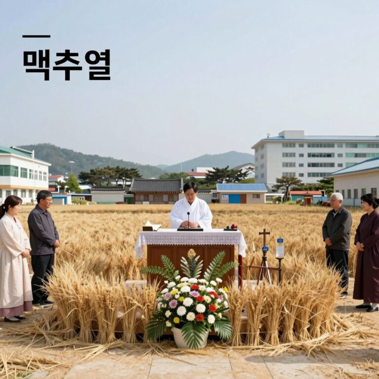 맥추절 감사 예배를 드리는 교회 공간, 추수한 보리와 꽃으로 장식된 제단