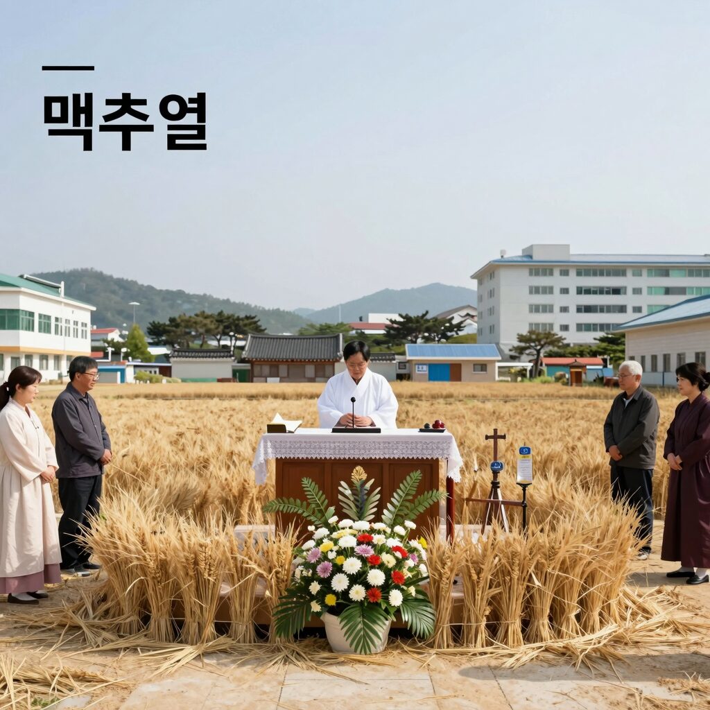 맥추절 감사 예배를 드리는 교회 공간, 추수한 보리와 꽃으로 장식된 제단