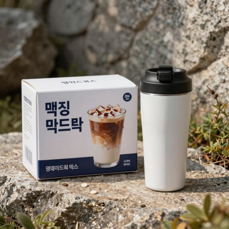 맥심 아이스커피믹스 박스와 증정 텀블러 사진