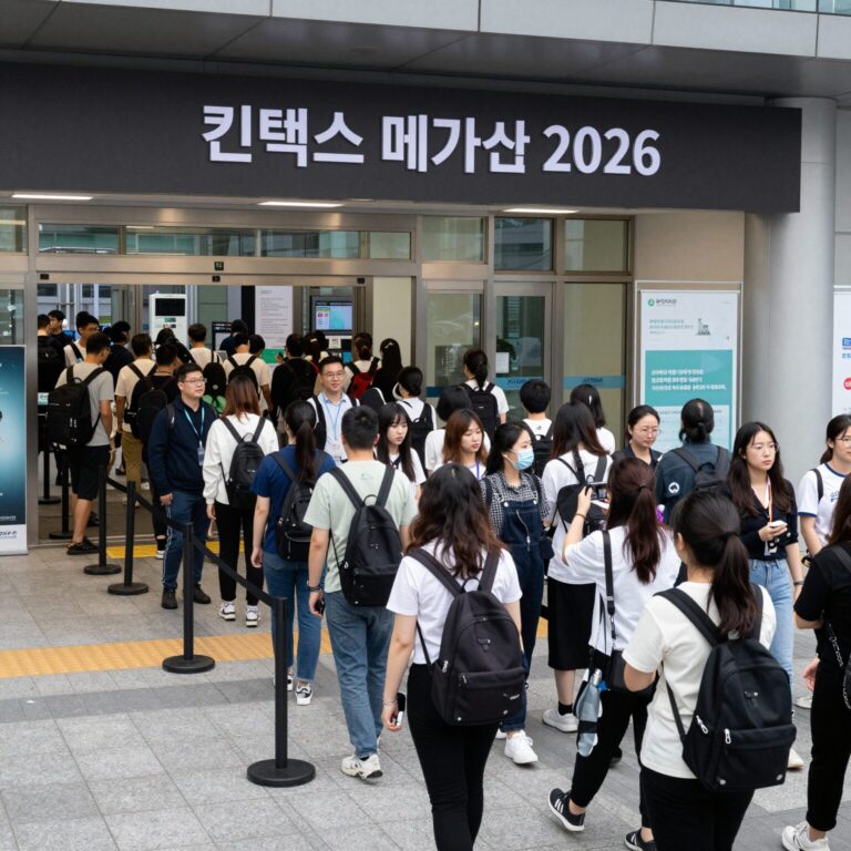 킨텍스 메가쇼 2026 입구에서 긴 줄 서 있는 사람들 모습