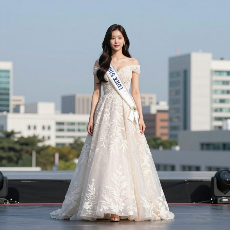 미스코리아 진 정연우가 무대 위에서 우아한 드레스를 입고 포즈를 취하고 있는 모습