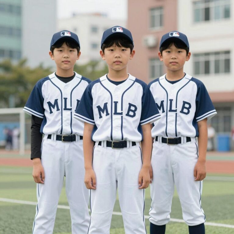 MLB키즈 남아래쉬가드 세트를 입고 있는 초등학생 남자아이 사진