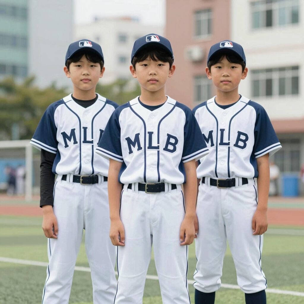 MLB키즈 남아래쉬가드 세트를 입고 있는 초등학생 남자아이 사진