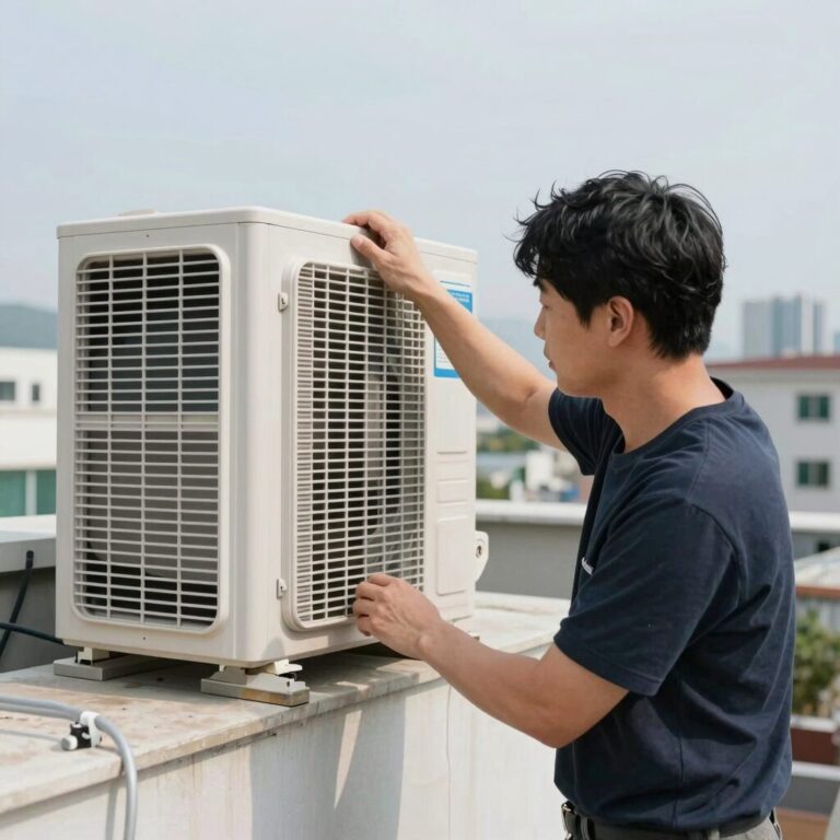 이동형 에어컨 창문 배기 호스 설치 모습