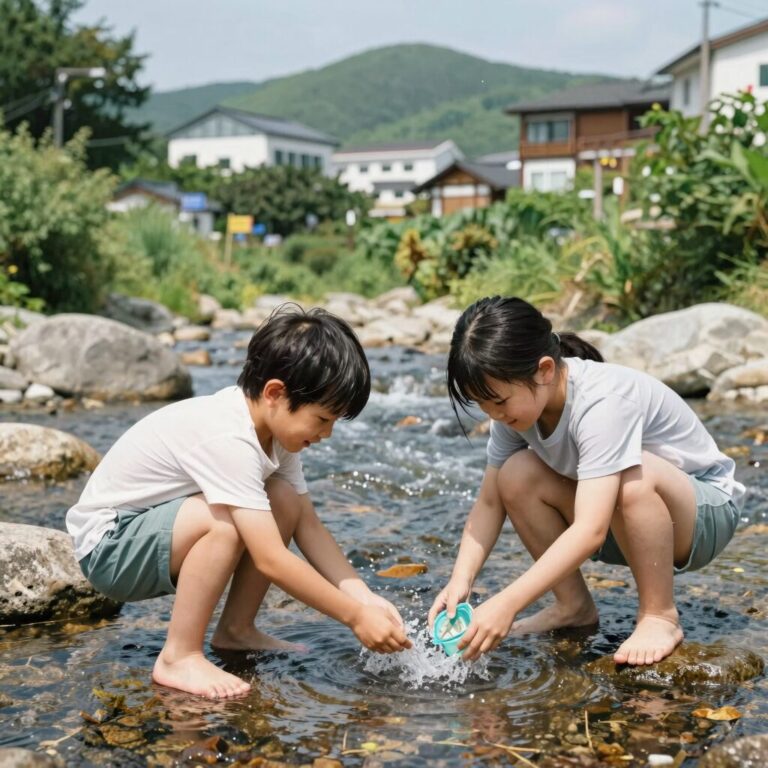 무주 펜션에서 가족이 함께 계곡에서 물놀이를 즐기고 있는 사진