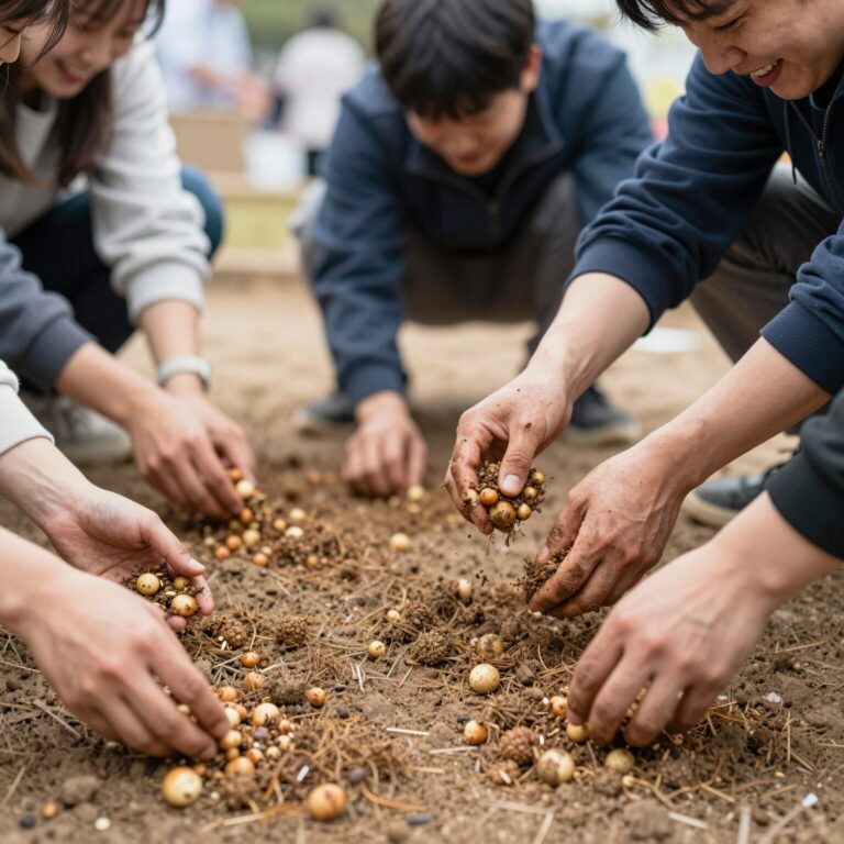 감물 감자축제에서 감자 캐기 체험을 하는 사람들의 모습. 흙이 묻은 손으로 감자를 들어 올리며 웃고 있다.