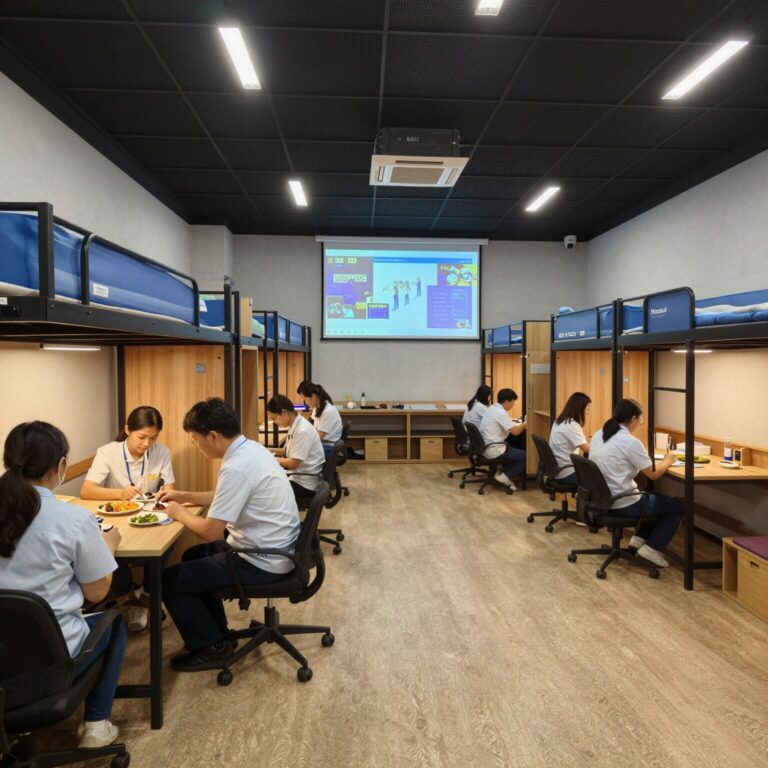 오션월드 직원 기숙사 외관과 내부 공용 공간 사진