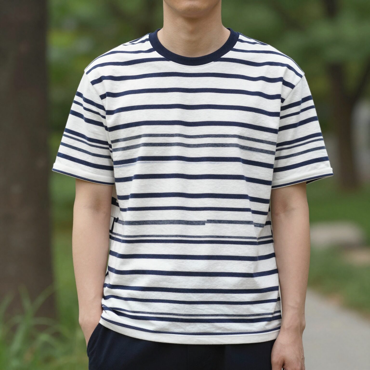 올젠 스트라이프 카라 반팔 티셔츠 모델 착용샷