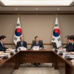 오만 무스카트에서 열린 미이란 실무 회담 장소, 회의 테이블에 양국 국기와 문서들이 놓여 있음