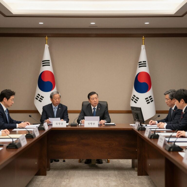 오만 무스카트에서 열린 미이란 실무 회담 장소, 회의 테이블에 양국 국기와 문서들이 놓여 있음