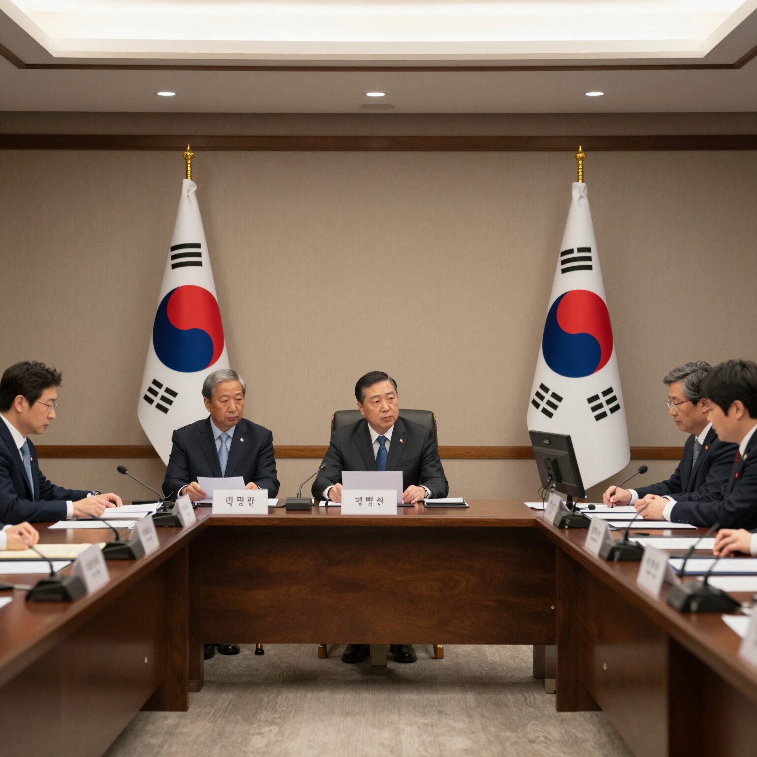 오만 무스카트에서 열린 미이란 실무 회담 장소, 회의 테이블에 양국 국기와 문서들이 놓여 있음