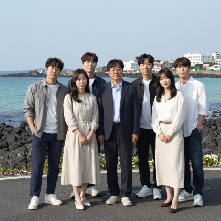 우리들의 블루스 출연진 단체 사진 이병헌 신민아 차승원 이정은 한지민 김우빈 등이 제주도 바다를 배경으로 포즈를 취하고 있다