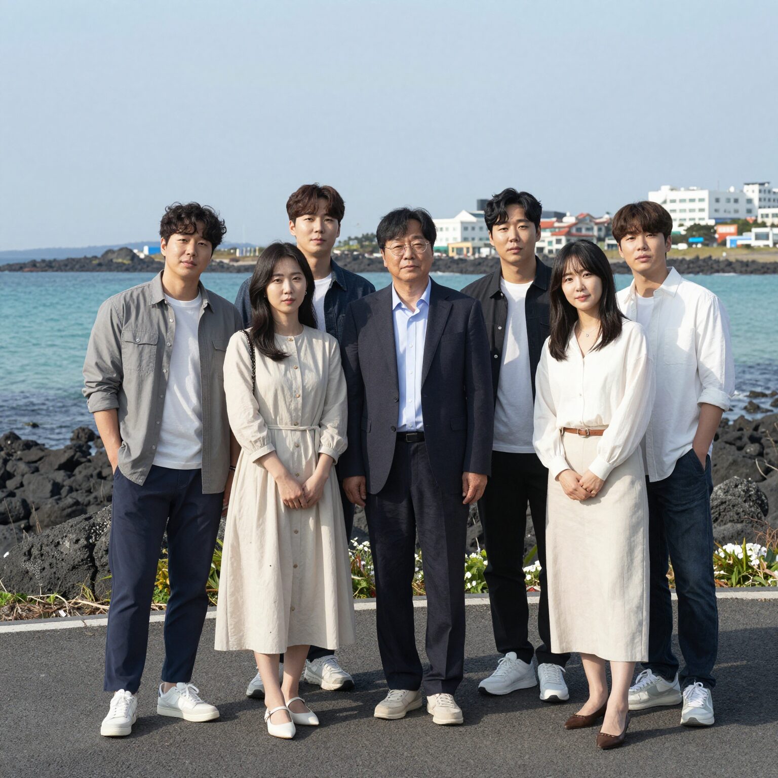 우리들의 블루스 출연진 단체 사진 이병헌 신민아 차승원 이정은 한지민 김우빈 등이 제주도 바다를 배경으로 포즈를 취하고 있다