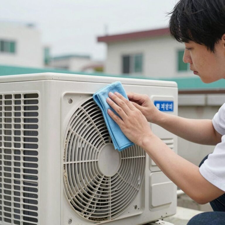 에어컨 실외기 냉각핀에 먼지가 쌓인 모습을 부드러운 솔로 청소하는 모습
