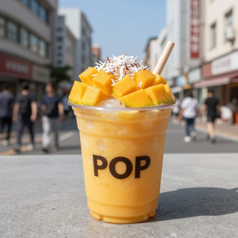 파리바게뜨 애플망고 POP빙수 그릇에 담긴 모습, 노란 망고 얼음 위에 큼직한 망고 다이스와 코코넛 젤리가 올려져 있다