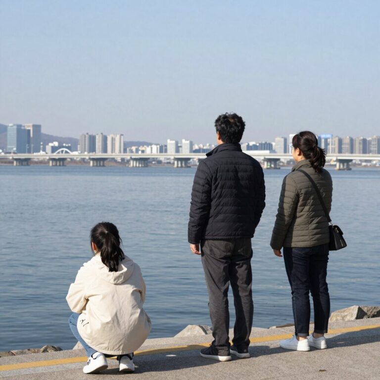 피터슨 교수와 제자들이 한강 반포달빛무지개분수를 바라보며 감탄하는 모습