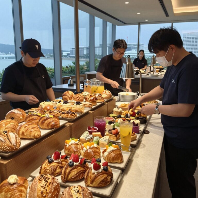 리젠트 푸꾸옥 리조트의 조식 뷔페 베이커리 코너 다양한 빵과 생과일 주스가 준비되어 있음